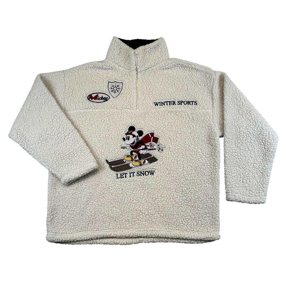 Disney Mickey Mouse Sweater Womens XL White Sherpa Fleece Quarter Zip Ski
